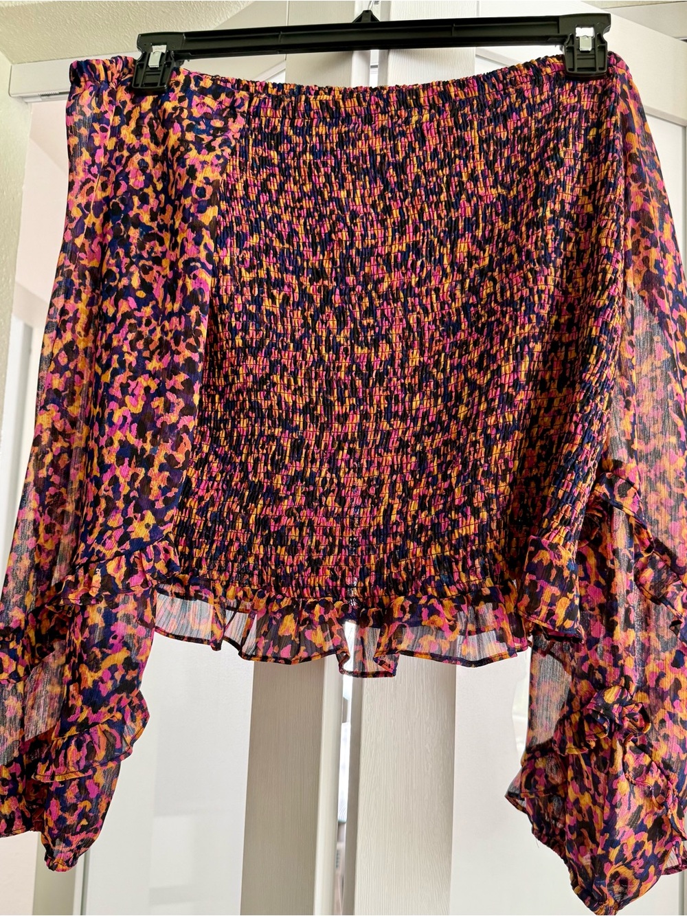 Bar III Smocked Ruffle Off the Shoulder Top in Multi Magenta